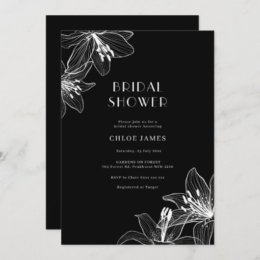 Schwarz-Weiß-Lilien-Brautparty Einladung (Vorne/Hinten)