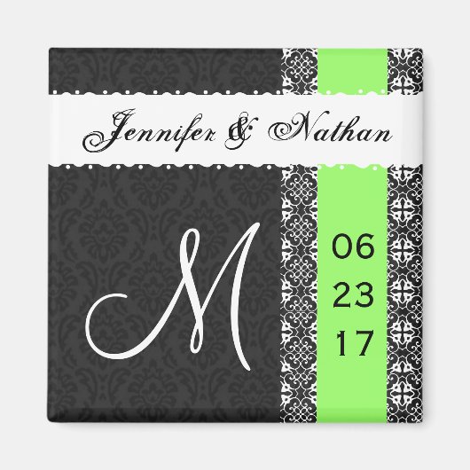 Schwarz-weiß Lime Green Damask Lace Wedding Magnet (Vorne)