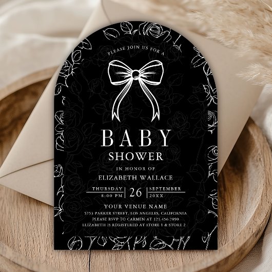 Schwarz-weiß Line Art Coquette Bow Babydusche Einladung