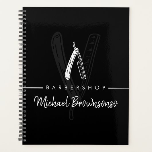 Schwarz-Weiß-Lineart-Logo Rasiermesser Barbier Planer (Vorderseite)