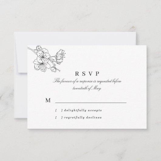 Schwarz-Weiß-Linie Gezeichnet Blüten Hochzeit RSVP Karte (Vorderseite)