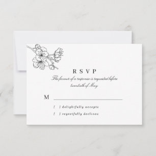 Schwarz-Weiß-Linie Gezeichnet Blüten Hochzeit RSVP Karte