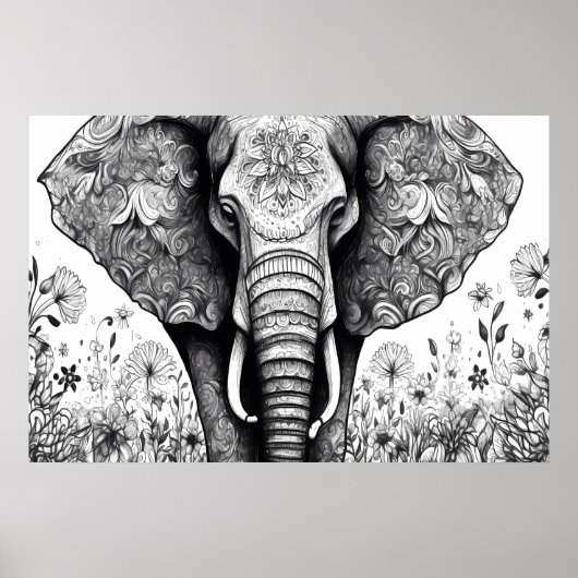 Schwarz-Weiß-Linie zeichnend Elefant | Poster (Vorne)