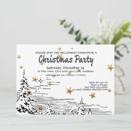 Schwarz-Weiß-Linie Zeichnend Schneeszene Weihnacht Einladung (Stehend Vorderseite)