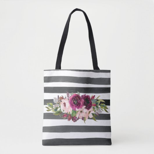 Schwarz-Weiß-Linien und Blumen Tasche (Vorderseite)