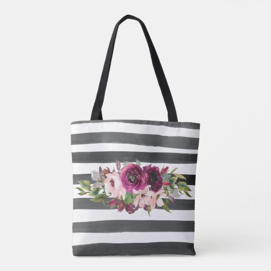 Schwarz-Weiß-Linien und Blumen Tasche (Rückseite)