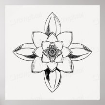 Schwarz-weiß-Linienzeichnung Seerosenblüte
