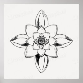Schwarz-weiß-Linienzeichnung Seerosenblüte Poster
