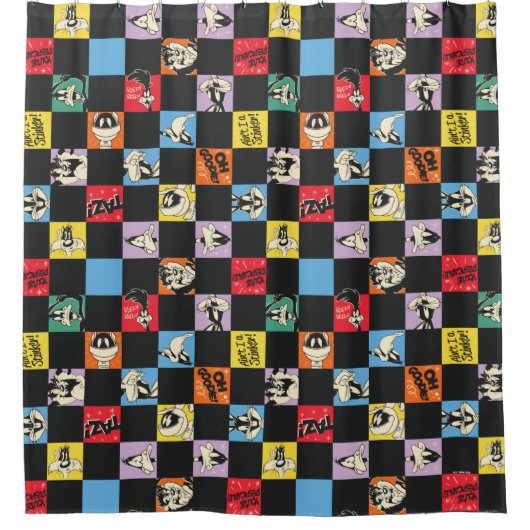 Schwarz-Weiß-LOONEY TUNES™ in bunten Schachbretter Duschvorhang (Vorderseite)