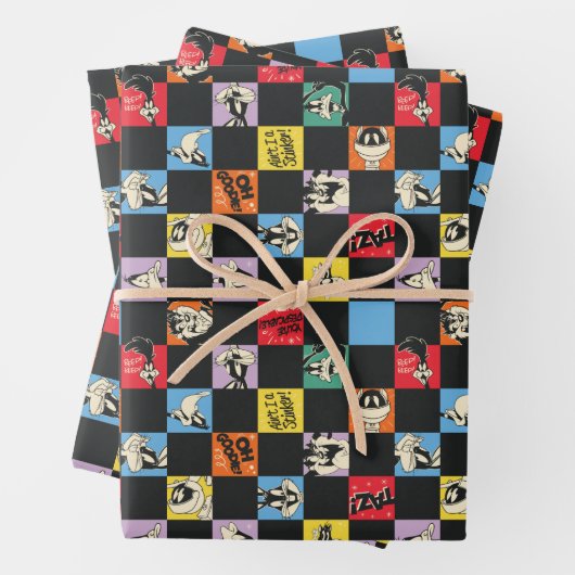 Schwarz-Weiß-LOONEY TUNES™ in bunten Schachbretter Geschenkpapier Set (Beispiel)