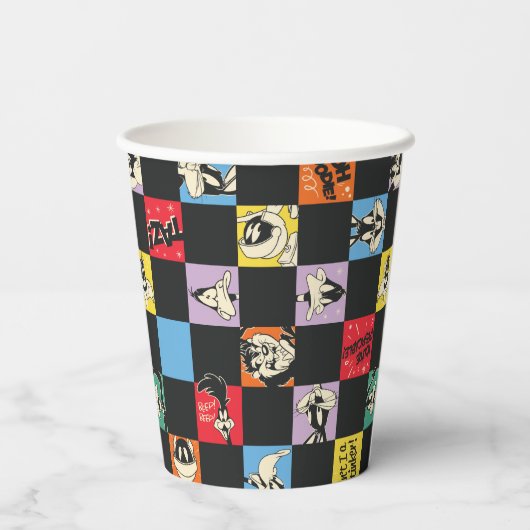 Schwarz-Weiß-LOONEY TUNES™ in bunten Schachbretter Pappbecher (Rückseite)