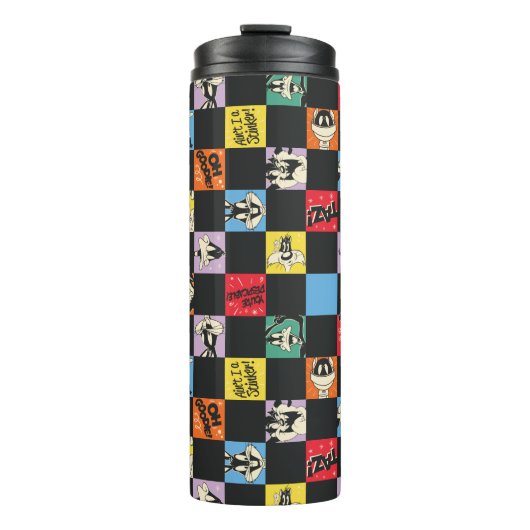Schwarz-Weiß-LOONEY TUNES™ in bunten Schachbretter Thermosbecher (Vorderseite)