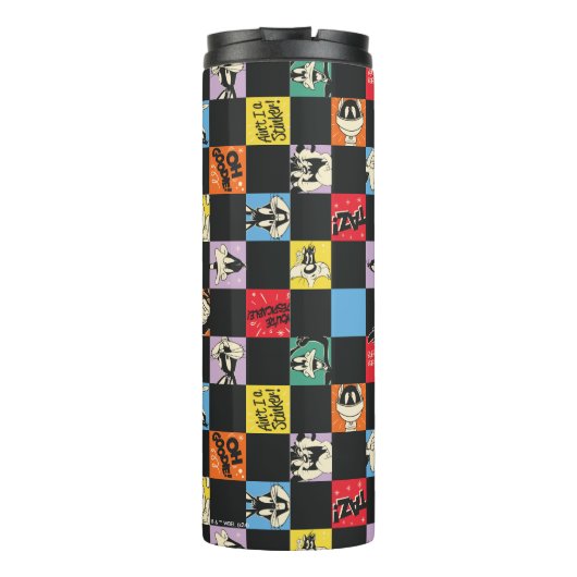 Schwarz-Weiß-LOONEY TUNES™ in bunten Schachbretter Thermosbecher (Rückseite)
