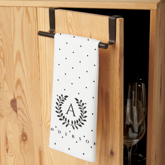 Schwarz-Weiß-Lorbeer-Monogramm-Punktmuster Geschirrtuch (Drittel gefaltet)