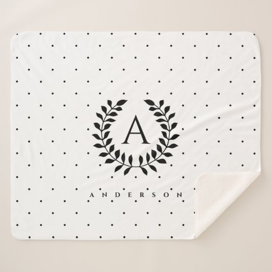 Schwarz-Weiß-Lorbeer-Monogramm-Punktmuster Sherpadecke (Vorderseite (Horizontal))