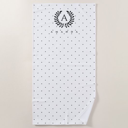 Schwarz-Weiß-Lorbeer-Monogramm-Punktmuster Strandtuch (Vorderseite)