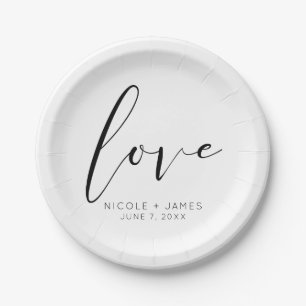 Schwarz & Weiß LOVE Minimale moderne Hochzeit Pappteller