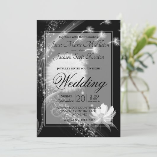 Schwarz-Weiß-Löwenzahn Einladung (Stehend Vorderseite)