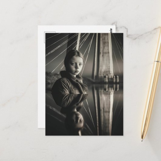 Schwarz-Weiß-Mädchen an der Brücke Doppelexpositio Postkarte (Vorderseite/Rückseite Beispiel)