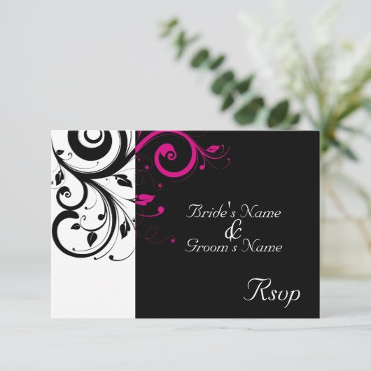 Schwarz/Weiß Magenta Swirl Hochzeit Kleine UAWG RSVP Karte (Stehend Vorderseite)