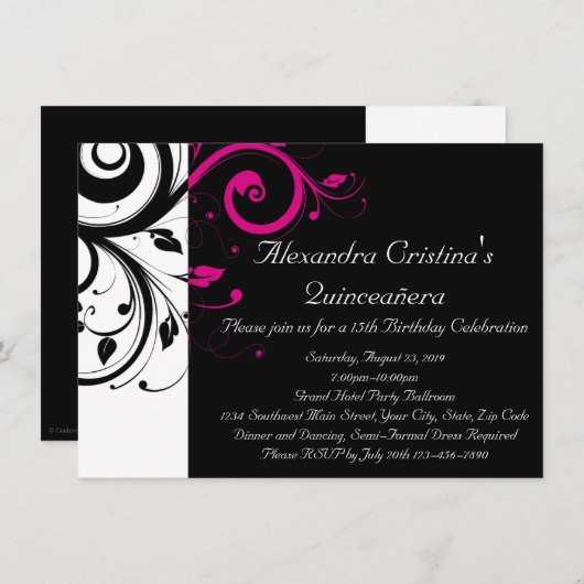 Schwarz, Weiß, Magenta Swirl Quinceañera Einladung (Vorne/Hinten)