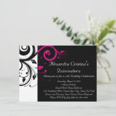 Schwarz, Weiß, Magenta Swirl Quinceañera Einladung (Stehend Vorderseite)
