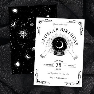 Schwarz-weiß Magie Mond Kristallkugel Geburtstag Einladung