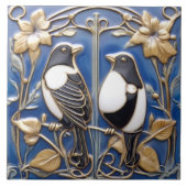 Schwarz-Weiß Magpie Jugendstil Art Deco Fliese (Vorderseite)