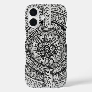 Schwarz-Weiß-Mandala-Blume Gemustert iPhone 16 Hülle