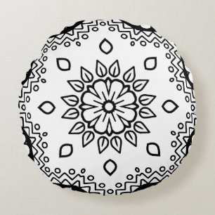 Schwarz-Weiß-Mandala-Rahmenmuster Rundes Kissen