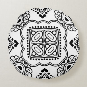 Schwarz-Weiß-Mandala-Rahmenmuster Rundes Kissen