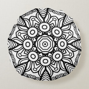 Schwarz-Weiß-Mandala-Rahmenmuster Rundes Kissen