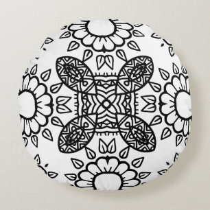 Schwarz-Weiß-Mandala-Rahmenmuster Rundes Kissen