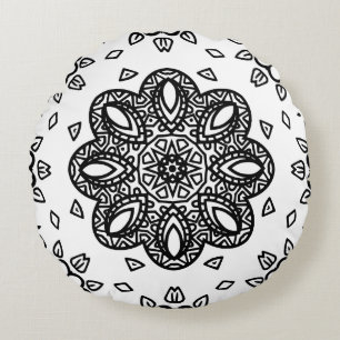 Schwarz-Weiß-Mandala-Rahmenmuster Rundes Kissen