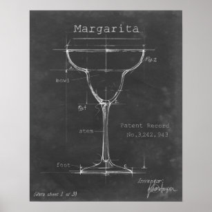 Schwarz-Weiß-Margarita-Glas-Blueprint Poster
