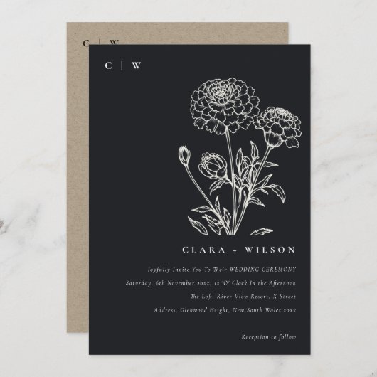 Schwarz-Weiß-Marigold-Sketch Einladung (Vorne/Hinten)