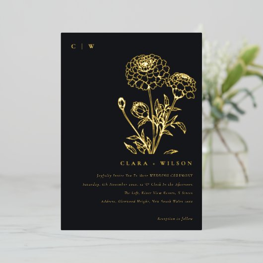 Schwarz-Weiß-Marigold-Sketch Folieneinladung (Stehend vorne)