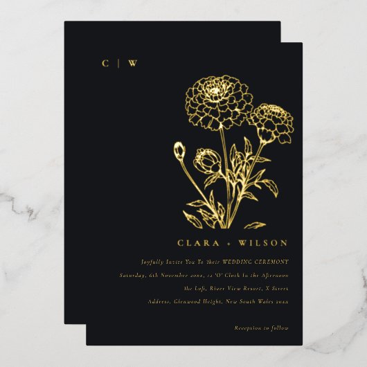 Schwarz-Weiß-Marigold-Sketch Folieneinladung (Vorderseite/Rückseite)