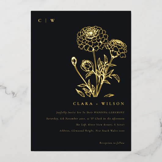 Schwarz-Weiß-Marigold-Sketch Folieneinladung (Vorderseite)