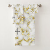 Schwarz-Weiß-Marmor-Gold-Funkelflake Monogram Badhandtuch Set (Insitu)
