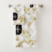 Schwarz-Weiß-Marmor-Gold-Funkelflake Monogram Badhandtuch Set (Insitu)