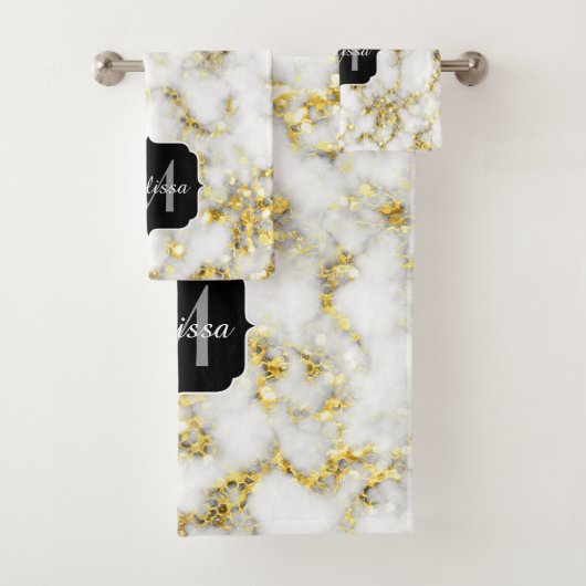 Schwarz-Weiß-Marmor-Gold-Funkelflake Monogram Badhandtuch Set (Insitu)