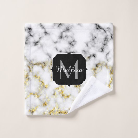 Schwarz-Weiß-Marmor-Gold-Funkelflake Monogram Badhandtuch Set (Waschlappen)