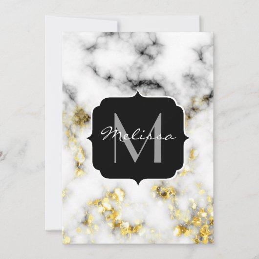 Schwarz-Weiß-Marmor-Gold-Funkelflake Monogram Einladung (Vorderseite)