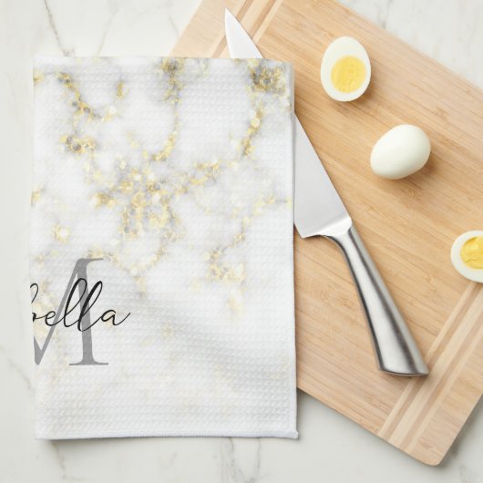 Schwarz-Weiß-Marmor-Gold-Funkelflake Monogram Geschirrtuch (Viertel Falte)