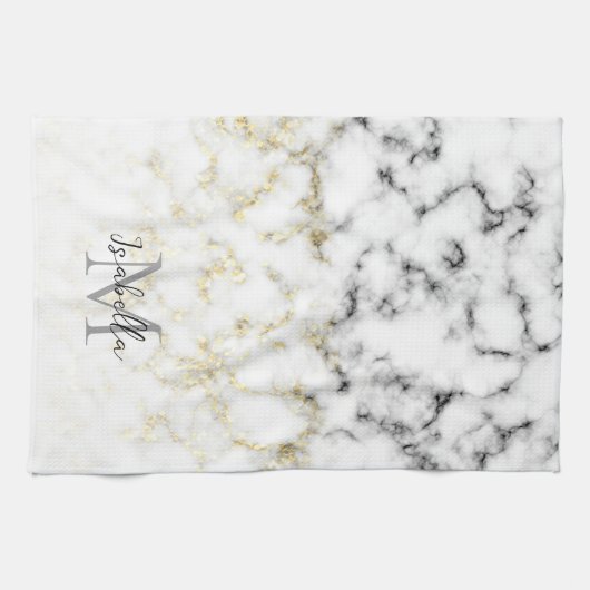 Schwarz-Weiß-Marmor-Gold-Funkelflake Monogram Geschirrtuch (Horizontal)