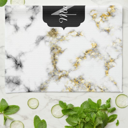 Schwarz-Weiß-Marmor-Gold-Funkelflake Monogram Geschirrtuch (Gefaltet)