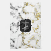 Schwarz-Weiß-Marmor-Gold-Funkelflake Monogram Geschirrtuch (Vertikal)
