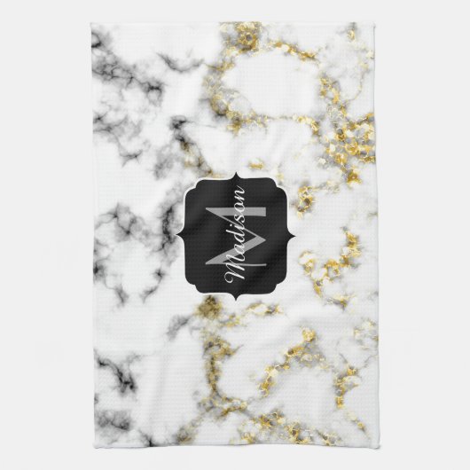 Schwarz-Weiß-Marmor-Gold-Funkelflake Monogram Geschirrtuch (Vertikal)