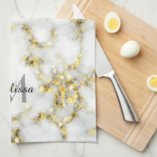 Schwarz-Weiß-Marmor-Gold-Funkelflake Monogram Geschirrtuch (Viertel Falte)